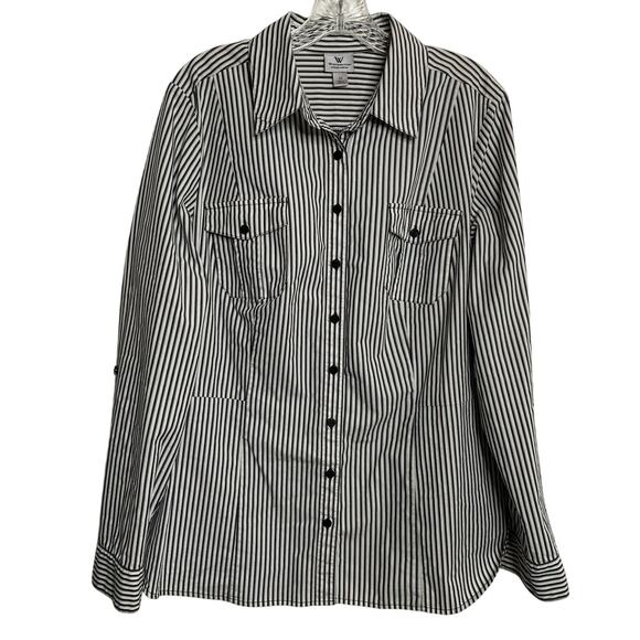 Worthington Womens 2X Black White Vertical Striped Button Down Long Sleeve Shirt - Picture 1 of 6